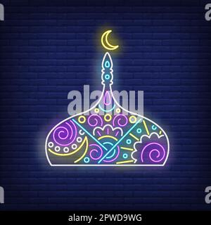 Decorated mosque dome with crescent moon neon sign Stock Vector