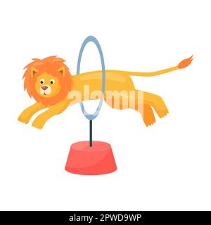 Funny trained lion on circus show. Vector illustration of carnival performance. Cartoon performer isolated on white. Entertainment concept Stock Vector