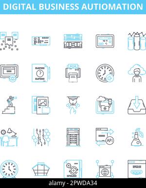 Digital business autiomation vector line icons set. Digital, Business, Automation, Artificial intelligence, Machine learning, Robotic process Stock Vector