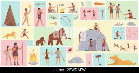 Ancient homosapiens. Stone age neanderthal caveman vector illustration ...
