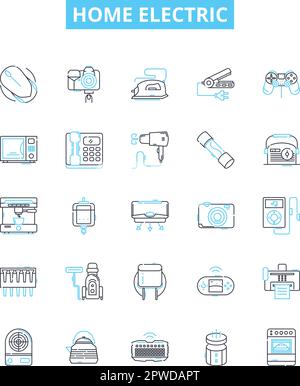 Home electric vector line icons set. Appliances, Heat, Lighting, Air, Fans, Wiring, Plugs illustration outline concept symbols and signs Stock Vector