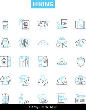 Rugged mountain climb line icons collection. Summit, Alpinist, Crampons ...