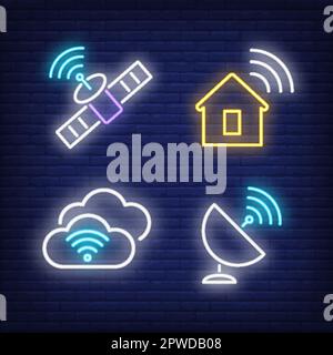 Satellite, cloud service, and house with wifi signals neon signs Stock Vector