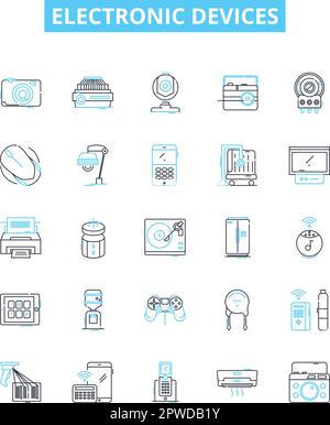 Electronic devices vector line icons set. Electronics, Devices, Digital, Components, Computers, Tablets, Phones illustration outline concept symbols Stock Vector