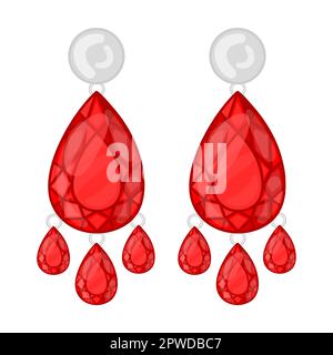 earrings with huge rubies and pearls, jewelry vector illustration. Gold, silver, pearl jewellery. Stone or diamond rings, earrings, bracelets Stock Vector