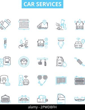 Car services vector line icons set. Car, services, repair, maintenance, oil, change, brakes illustration outline concept symbols and signs Stock Vector
