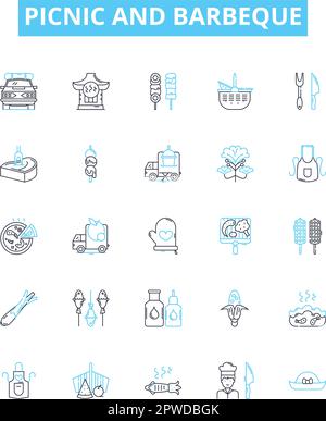 Picnic and barbeque vector line icons set. Picnic, Barbeque, BBQ, Outdoor, Grill, Cookout, Feast illustration outline concept symbols and signs Stock Vector