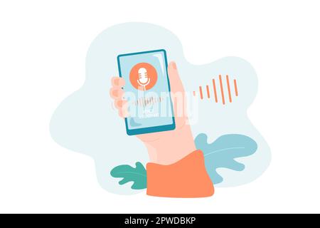 Hand holding smartphone with voice assistant on screen Stock Vector