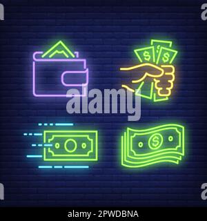 Dollar bills, hand and wallet neon signs set Stock Vector
