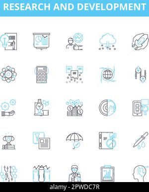 Research and Development vector line icons set. Research, Development, Innovation, Strategy, Analysis, Design, Modeling illustration outline concept Stock Vector