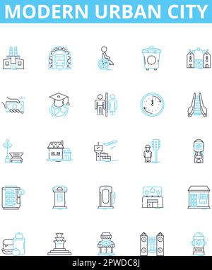 Modern urban city vector line icons set. Urban, Modern, City, Skyscrapers, Metropolis, Subway, Crowds illustration outline concept symbols and signs Stock Vector