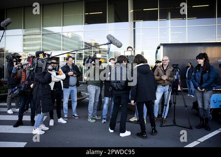 SCHIPHOL - The Dutch delegation for the Eurovision Song Contest Mia Nicolai and Dion Cooper are waved goodbye at Schiphol. The two artists will represent the Netherlands on May 9 in the first semifinal during the Eurovision Song Contest in Liverpool. ANP RAMON VAN FLYMEN netherlands out - belgium out Credit: ANP/Alamy Live News Stock Photo