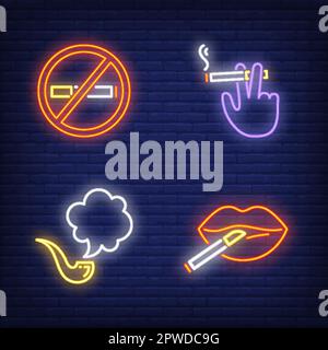 Cigarettes, woman lips and smoking pipe neon signs set Stock Vector