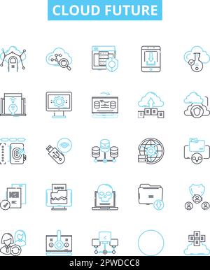 Cloud future vector line icons set. Cloud, Future, Computing, AI, IoT, Digital, Transformation illustration outline concept symbols and signs Stock Vector