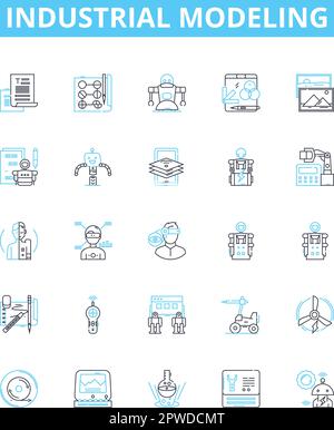 industrial modeling vector line icons set. Industrial, Modeling, Manufacturing, Process, Factory, Simulation, Analysis illustration outline concept Stock Vector