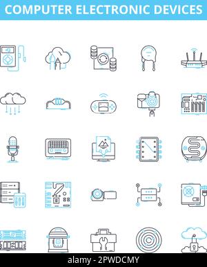 Computer electronic devices vector line icons set. Laptop, Desktop, Monitor, Printer, Keyboard, Mouse, Router illustration outline concept symbols and Stock Vector