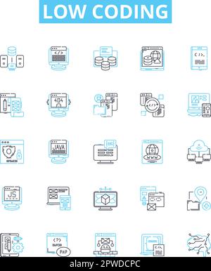 Low coding vector line icons set. No-code, Visual, Declarative, Automation, Platform, Application, Mobile illustration outline concept symbols and Stock Vector