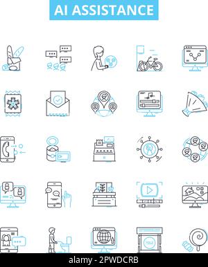 Ai assistance vector line icons set. AI, Assistance, Automation, Virtual, Voice, Assistants, Machine illustration outline concept symbols and signs Stock Vector