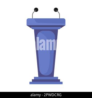 high blue debate rostrum and platform with double microphone, cartoon vector illustration. Wooden tribune and glass podium with microphone Stock Vector