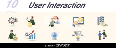 User interactions set. Creative icons: marketing automation, marketing qualified lead, customer issues, self service, knowledge base, support Stock Vector