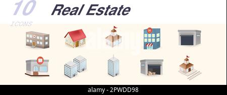 Real estate set. Creative icons: hospital, house, municipal, hotel, garage, post office, condo, new building, warehouse, railway station. Stock Vector