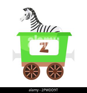 letter Z, zebra. Cute animal in colorful alphabet train. Vector illustration of learning toy for preschool children. Cartoon animals sitting in Stock Vector