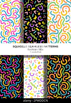 Set of seamless patterns in the style of the 1990s, made of abstract squiggle doodle lines. Collection of design templates on white and transparent ba Stock Vector