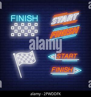 Start and finish flag neon signs set Stock Vector
