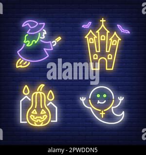 Witch, ghost, castle and pumpkin neon signs set Stock Vector