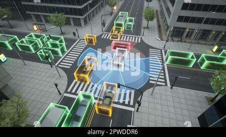 Autonomous car self driving on city street, Smart vehicle technology concept, 3d render Stock Photo