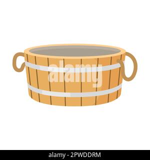wooden basin with handles for saunas and baths, barrel and bucket with convenient spout for draining water. Vector illustration of cute colorful Stock Vector