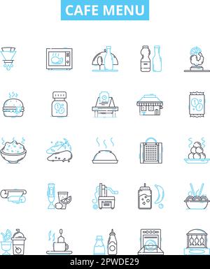 Cafe menu vector line icons set. Coffees, Desserts, Sandwiches, Drinks, Food, Salads, Sides illustration outline concept symbols and signs Stock Vector