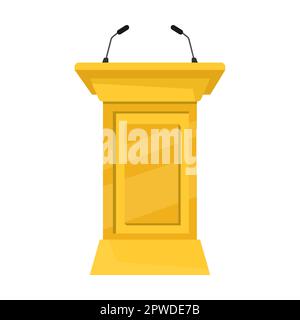 debate rostrum and platform gold with double microphone, cartoon vector illustration. Wooden tribune and glass podium with microphone Stock Vector