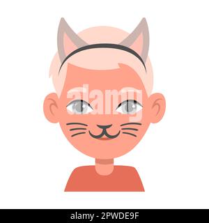 Portrait of kid with face mask of domestic cat, makeup vector illustration. Children with creative face painting or mask, animals and heroes isolated Stock Vector