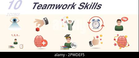 Teamwork skills set. Creative icons: visual perception, fine motor skills, articulation, memory, inner dialog, basic education, mental health Stock Vector