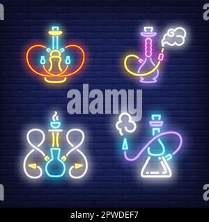 Hookahs with smoking hoses neon signs set Stock Vector