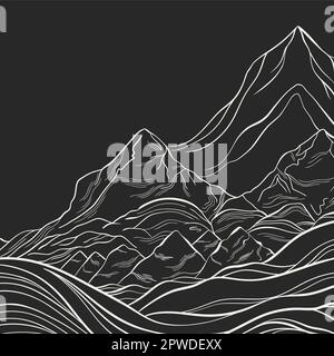 Freehand Sketch of a mountain landscape with thin graceful lines. Linear mountains on a black background. Stock Vector
