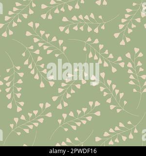 Beige branches on pale green background seamless pattern. Hand drawn botanic elements. Vector art Stock Vector