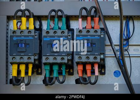 Electric switches with wires electrical panel Stock Photo