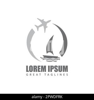 Travel logo design concept with airplane and sail boat in negative space technique design. Travel agency logo design vector illustration Stock Vector