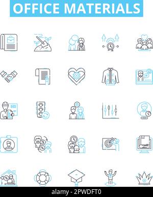 Office materials vector line icons set. Stationery, Furniture, Supplies, Printer, Ink, Paper, Desk illustration outline concept symbols and signs Stock Vector