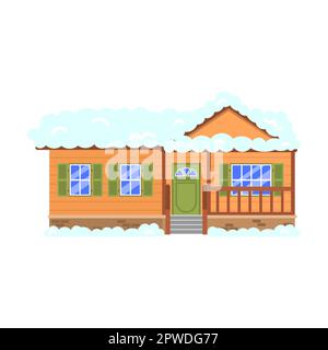 Facade of small one story house in winter vector illustration. Village or town cottage or cabin covered with snow, building with chimney isolated on Stock Vector