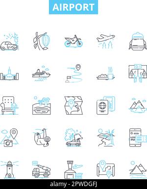 Airport vector line icons set. Airport, Terminal, Check-in, Terminal-, TSA, Runway, Arrival illustration outline concept symbols and signs Stock Vector