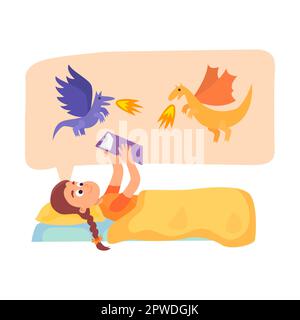 child reading a book about dragons. Vector illustration of cute girl and boy with magic dreams. Cartoon amazed children isolated on white Stock Vector