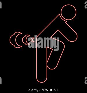 Neon man farts break wind farting bloating gas cloud stench bad smell flatulency red color vector illustration image flat style light Stock Vector