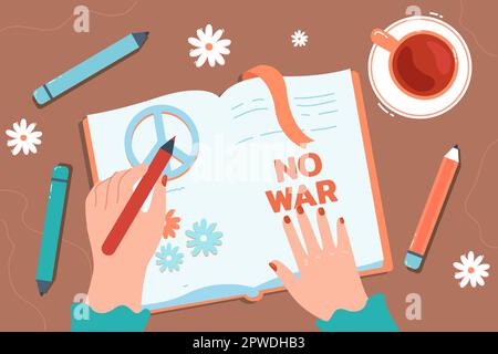 Hands drawing circle peace hippie symbol in diary, top view Stock Vector