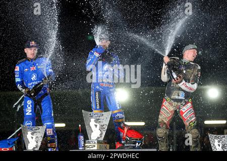 (230430) -- DONJI KRALJEVEC, April 30, 2023 (Xinhua) -- First place Bartosz Zmarzlik (C) of Poland, second place Robert Lambert (L) of Britain and third place Fredrik Lindgren of Sweden celebrate on the podium after the 2023 FIM Speedway Grand Prix Croatia in Donji Kraljevec, Croatia, April 29, 2023. (Igor Kralj/PIXSELL via Xinhua) Stock Photo