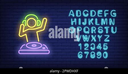 Disk jokey with dj mixer neon sign Stock Vector