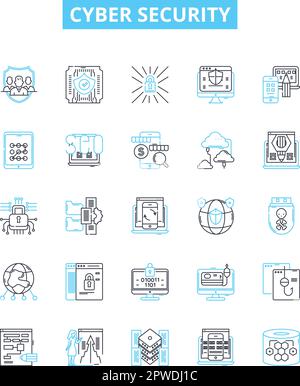 Cyber security vector line icons set. Cybersecurity, Cybercrime, Hacking, Encryption, Firewalls, Antivirus, Patching illustration outline concept Stock Vector