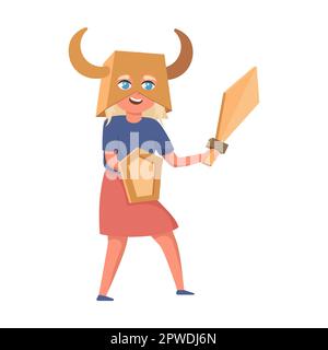 Kid with costume ancient viking knight from cardboard boxe vector illustration. Creative cartoon child in cardboard boat isolated on white background Stock Vector